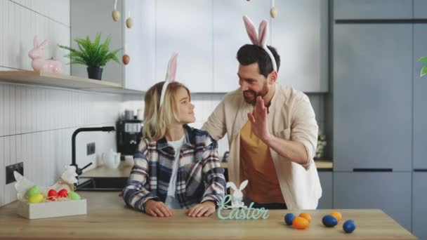 Happy Dad Son Spending Time Together Wearing Bunny Ears Sitting — Stock video