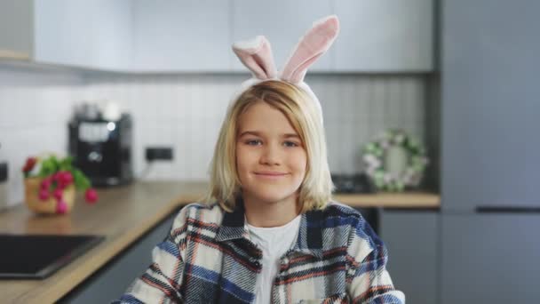 Portrait Smiling Little Blonde Boy Wearing Bunny Ears Headband Sitting — Stock video