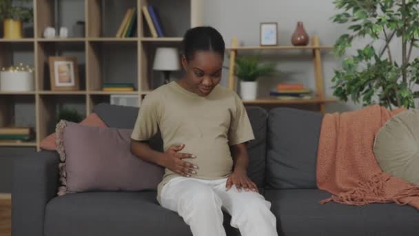 Porträt Einer Schwangeren Afroamerikanerin Lässiger Kleidung Die Auf Dem Sofa — Stockvideo