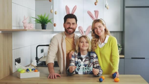 Happy Family Spending Time Together Wearing Bunny Ears Standing Table — Stock video