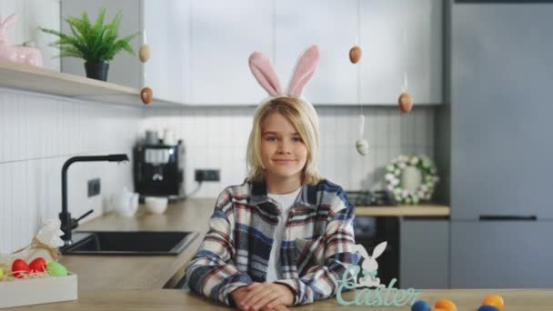 Portrait Happy Little Blonde Boy Wearing Bunny Ears Headband Sitting — Stock video