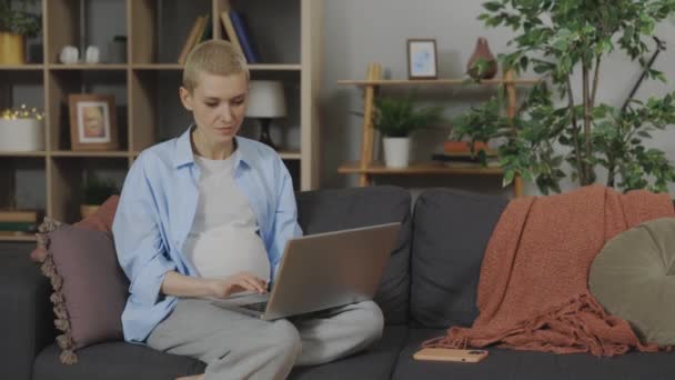 短いヘアカットを持つ妊婦快適なソファに座り 現代のラップトップを使用しています 白人ブロンドは自宅からの産休にオンラインで働く — ストック動画