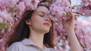 Low Angle View of Pretty Young Woman in Casual Wear Posing Among Sakura with Lush Pink Flowering on Branches. Attractive Caucasian Lady Looking at Camera Outdoors