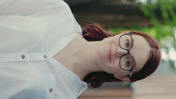 Vertical Video Portrait Beautiful Ginger Business Woman Eyeglasses Wearing Formal — Stockvideo