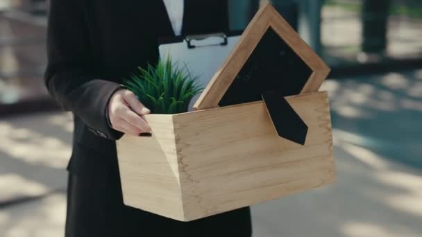 Close View Hands Holding Box Containing Work Items Business Woman — Videoclip de stoc