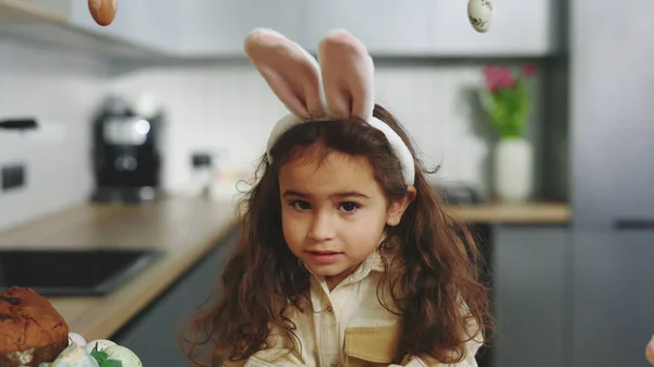 Portrait Beautiful Little Girl Wearing Bunny Ears Headband Sitting Kitchen Imagen De Stock