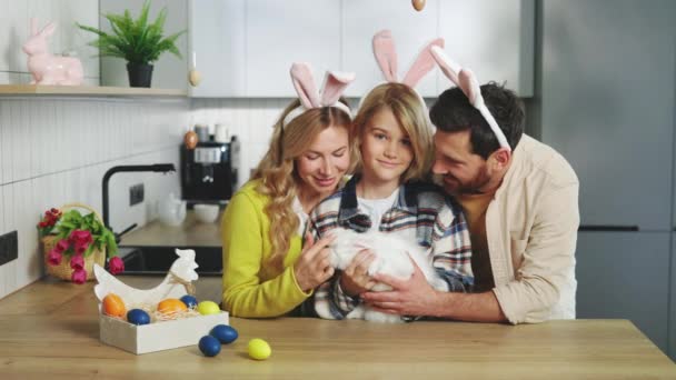 Happy Easter Holiday Family Celebrating Easter Little Son Home Holding — Stockvideo