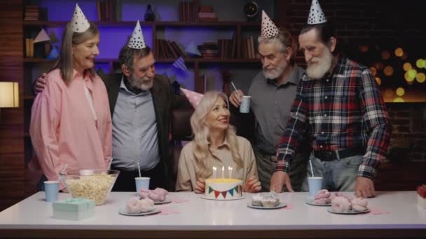 Birthday Party Senior Woman Group Elderly People Birthday Woman Blowing — стоковое видео