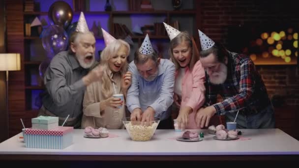 Mature People Nursing Home Overeating Birthday Party Elderly Friends Eating — Video Stock