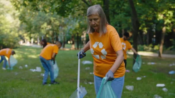 在收集垃圾袋中的垃圾时使用垃圾捡拾器的老年妇女 环抱符号清洁公园的T恤环保人士团体 安全生态概念 — 图库视频影像