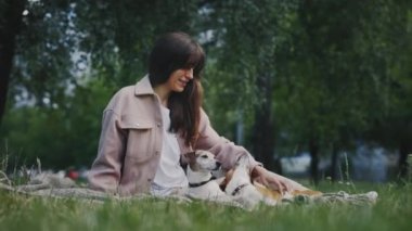 Mutlu Gülümseyen Kafkas Kadın Hayvan Sahibi Jack Russell Puppy 'i okşuyor Çimenlikteki Battaniyede Oturan Köpeğe Sevgi Gösteriyor. Halk ve Köpek Arkadaşlığı Konsepti