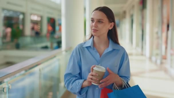 Happy Attractive Girl Walking Shopping Mall Coffee Many Colorful Packages — Stock Video
