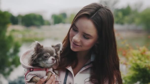 Gülümseyen Çekici Genç Kadın Portresi Dışarıda Elinde Chihuahua Sıyla Dikiliyor — Stok video