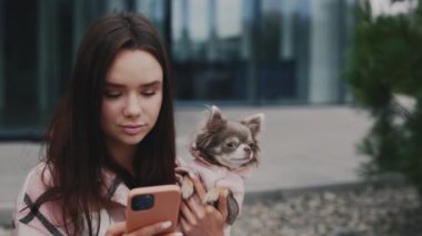 Güzel bir kadın elinde küçük bir Chihuahua ile bankta oturuyor, onu ellerinden tutuyor, akıllı telefon kullanıyor. Çevrimiçi Arkadaşlarla Kız Mesajlaşması. Küçük Köpekler için Evcil Hayvan Giyimi. Kapat.