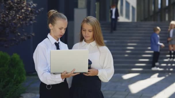 Zwei Business Kids Stehen Vor Dem Büro Arbeiten Zusammen Laptop — Stockvideo