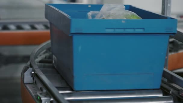 Перевозка Посылок Ленточной Системе Синие Пластиковые Контейнеры Содержащие Продукты Перемещаются — стоковое видео