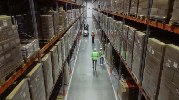 Top Elevating View Bustling Retail Warehouse Workers Safety Gear Working — Stock Video