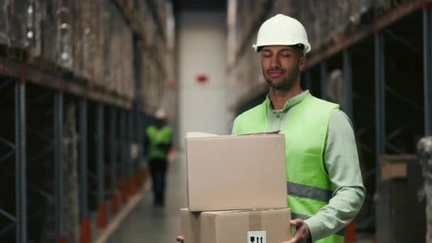 Portrait Male Employee Wearing Protective Helmet Holding Box Well Stocked — Stock Video