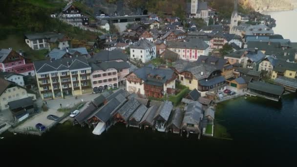 Aerial View Embankment Building Hallstatt City Drone View Austrian Town — Stock Video