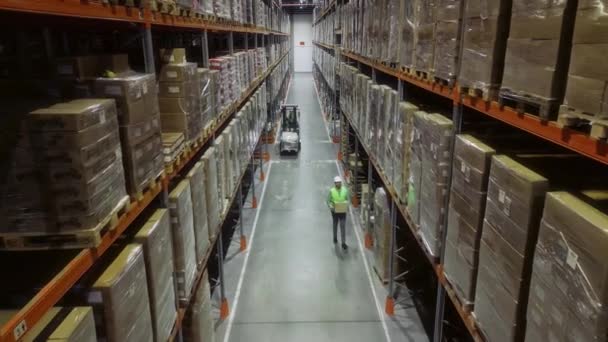 労働者は倉庫の商品によって満たされる棚の間の手パレット トラック 移動ボール紙箱を操作します 製品物流センター内で働く人 — ストック動画