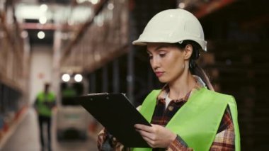 Meşgul Kadın Depo Yöneticisi Nakliye Merkezi 'nde Envanter Denetlemesi Yapıyor. Modern Depolama Tesisleri 'ni gözlemliyorum. Depoda Miğferler İşçisi