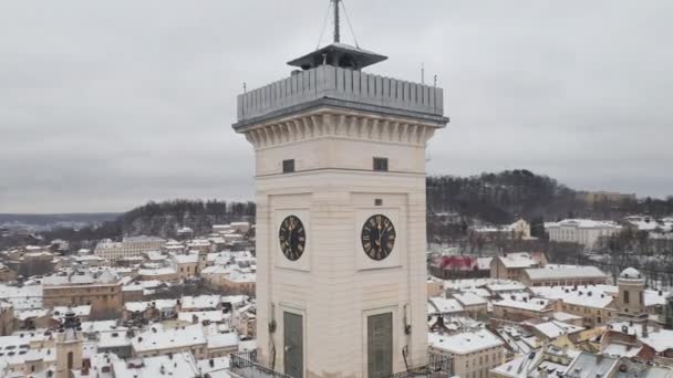 Ukrayna Lviv Deki Karlı Belediye Binası Nda Uçuşu Güzel Kar — Stok video