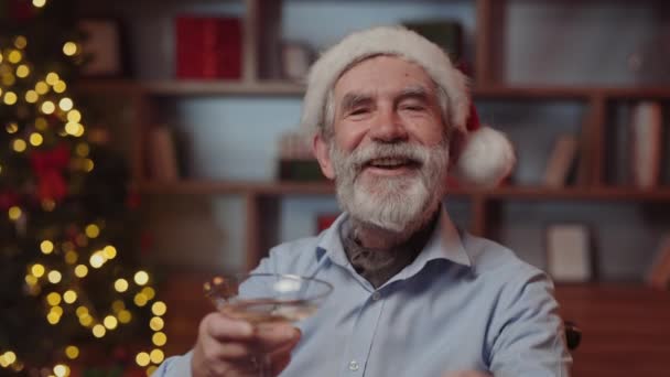 Homme Sénior Beau Portant Chapeau Père Noël Portant Toast Avec — Video