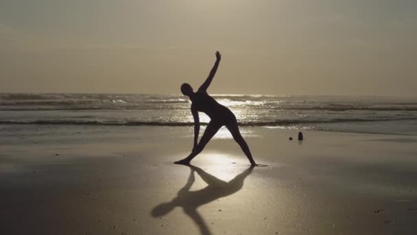苗条的女孩在日落时伸展着身体在海滩上 身材瘦小的女人在外面的海滨锻炼 瑜伽和体育概念 — 图库视频影像