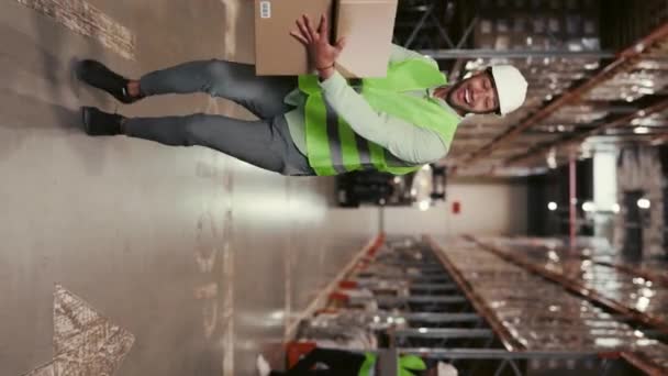 African American Male Worker Uniform Dancing Cardboxes Have Fun Warehouse — Vídeos de Stock