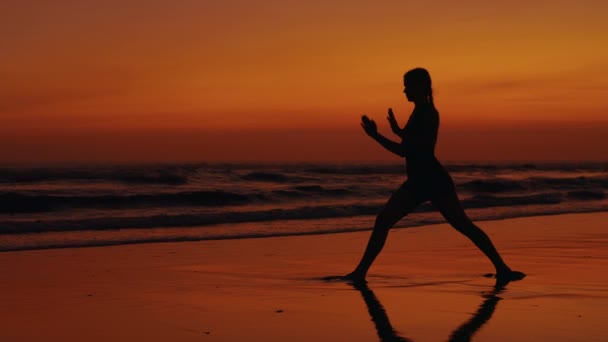 일몰에 요가를 스포티 여자의 실루엣 소녀는 해변에서 훈련입니다 밖으로 스트레칭 — 비디오