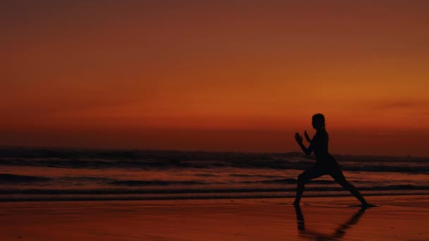苗条身材的女人在户外找到宁静 夕阳下的瑜伽课 心灵与身体之间的联系 太阳落山的外部训练 体能训练体育与人的概念 — 图库视频影像