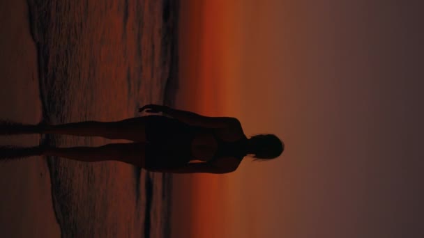 垂直录像 站在海滨的瘦夫人的背影 一个爱在户外思考的女人 女孩梦想在海滩上 人的概念 — 图库视频影像