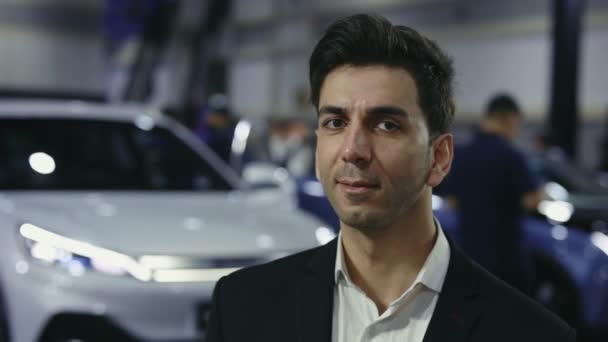Portrait Ethnic Businessman Standing Auto Salon Attractive Man Manager Car — Stock Video