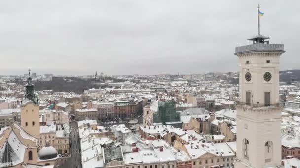 Muhteşem Atmosferik Kış Şehri Nin Hava Görüntüsü Büyüleyici Antik Kar — Stok video