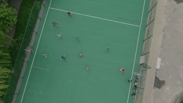 Aerial View Floorball Match Grand Stadium Drone Shot Players Playing — Stock Video