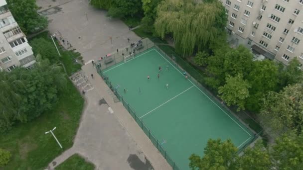 Aerial View Sports Arena Floorball Competition Multiple Goalposts Drone View — Stock Video