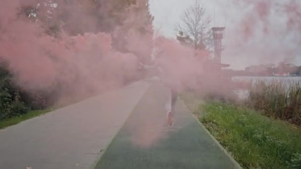 ピンク色の煙で公園でジョギングするスポーティな女性 マラソン 自然の中で屋外で走るスポーティブガール アスリートのワークアウト ジョガー モチベーション 成功への道 — ストック動画