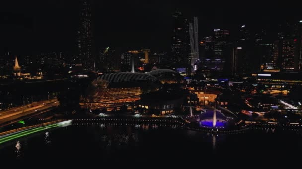 Filmagem Aérea Night City Esplanade Theatres Bay Singapura Drone Shot — Vídeo de Stock