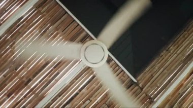 Sıcak bir odada bir tavan vantilatörü yavaşça döner, serin bir esinti sergiler. Güneş ışığı, ahşap kirişlerin arasından akar. Sıcak ve davetkar bir atmosfer yaratır. Rahatlamak için mükemmel..