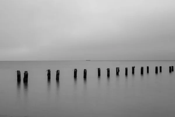 Ruins Old Pier Sticking Out Water Gdynia Poland Black White — Stock Photo, Image