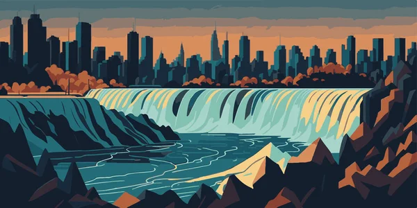 Panorama of a wide waterfall with a city, nature panorama, waterfall and city, flat vector illustration of a waterfall