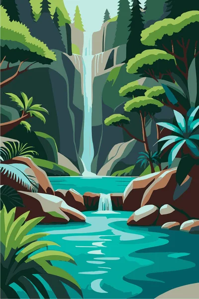 Waterfall in the jungle. Vector illustration of a waterfall flat style.