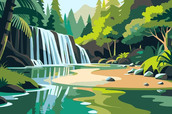 Waterfall in the forest. Waterfall vector illustration.
