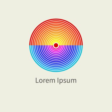 Günbatımı logosu, güneş ve deniz geometrik simgesi. Retro yaz konsepti, soyut yuvarlak seyahat sembolü. Araziyi çember