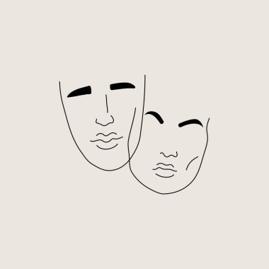 Two outline faces, male and female. Woman and man linear contour logo