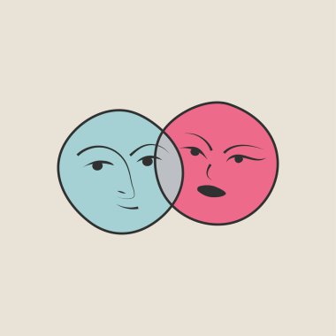 Couple of characters in love, funny vector faces of man and woman. Cartoon heads of guy and girl, love, romance, wedding