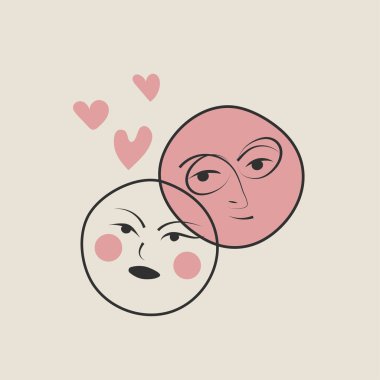 Couple of characters in love, funny vector faces of man and woman. Cartoon heads of guy and girl, love, romance, wedding