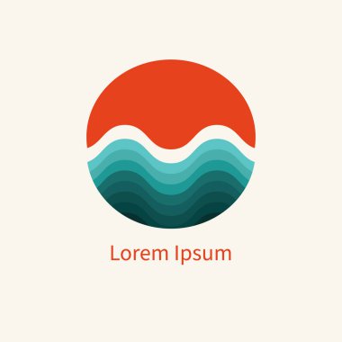 Güneş ve deniz. Yolculuğun sembolü. Seyahat acentesinin yuvarlak logosu. Mavi ve sarı dairenin soyut temsili vektör çizimi