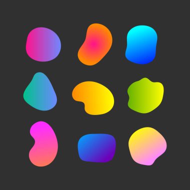 Random shapes, organic gradient color blobs of irregular shape. Abstract blotch, flat pebble silhouettes, simple liquid stains, vector se