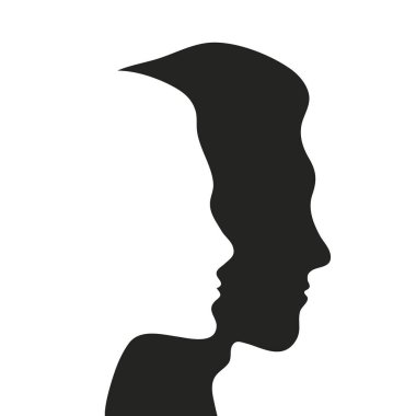 Erkek ve kadının yüzleri, kız ve erkek. İki profil bir arada. İlişki, aile sembolü. Aile terapisinin vektör psikolojisi çizimi